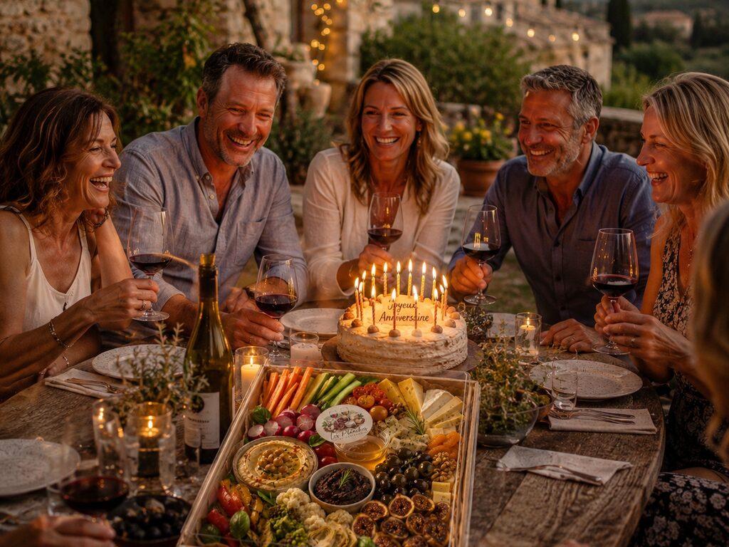 Planche apéritif anniversaire à emporter — table festive avec gâteau et bougies, Gard