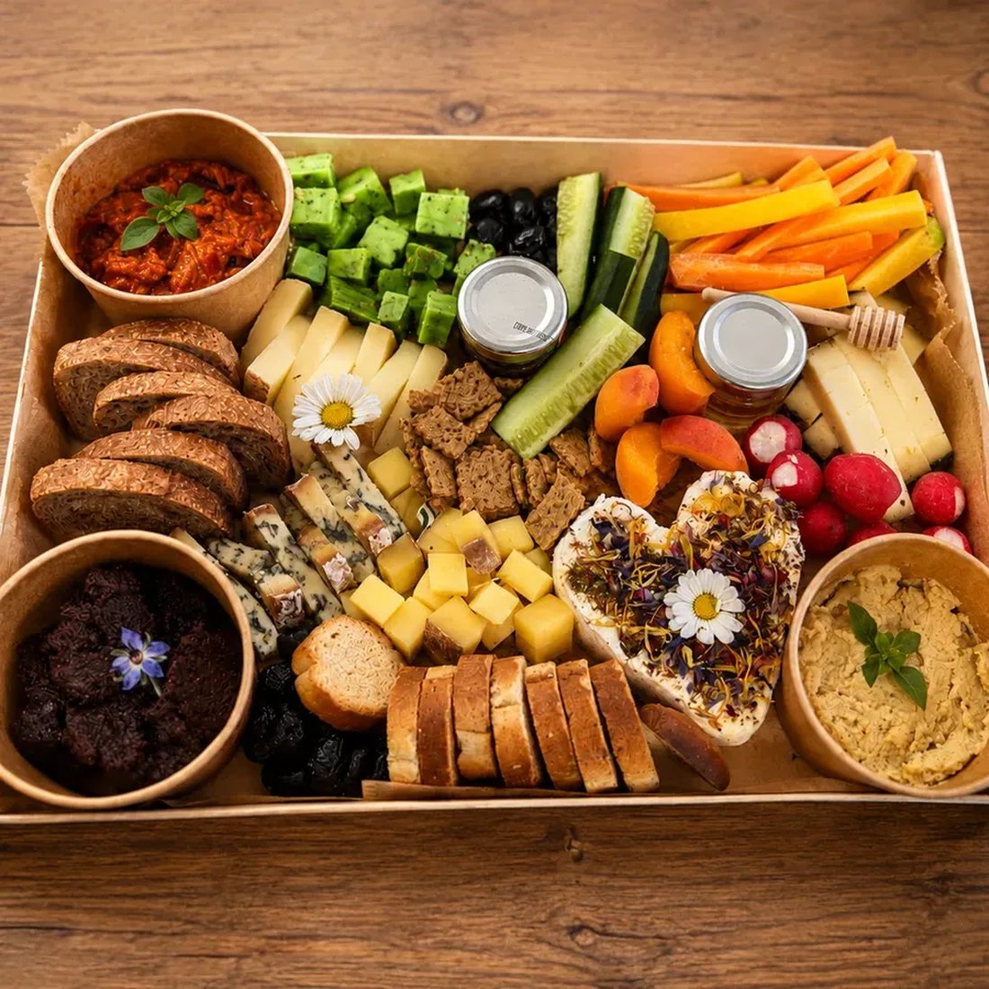 Fromage & Végétale — planche apéritive fromage et légumes à emporter (format 4 personnes) : houmous, tapenade d'olives, comté AOP, fourme d'Ambert AOP