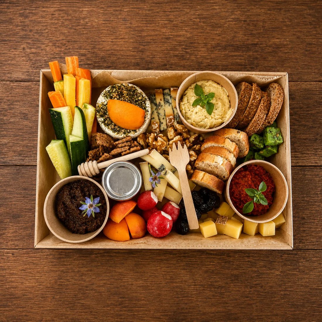 Fromage & Végétale — planche apéritive fromage et légumes à emporter : houmous, tapenade d'olives, comté AOP, fourme d'Ambert AOP