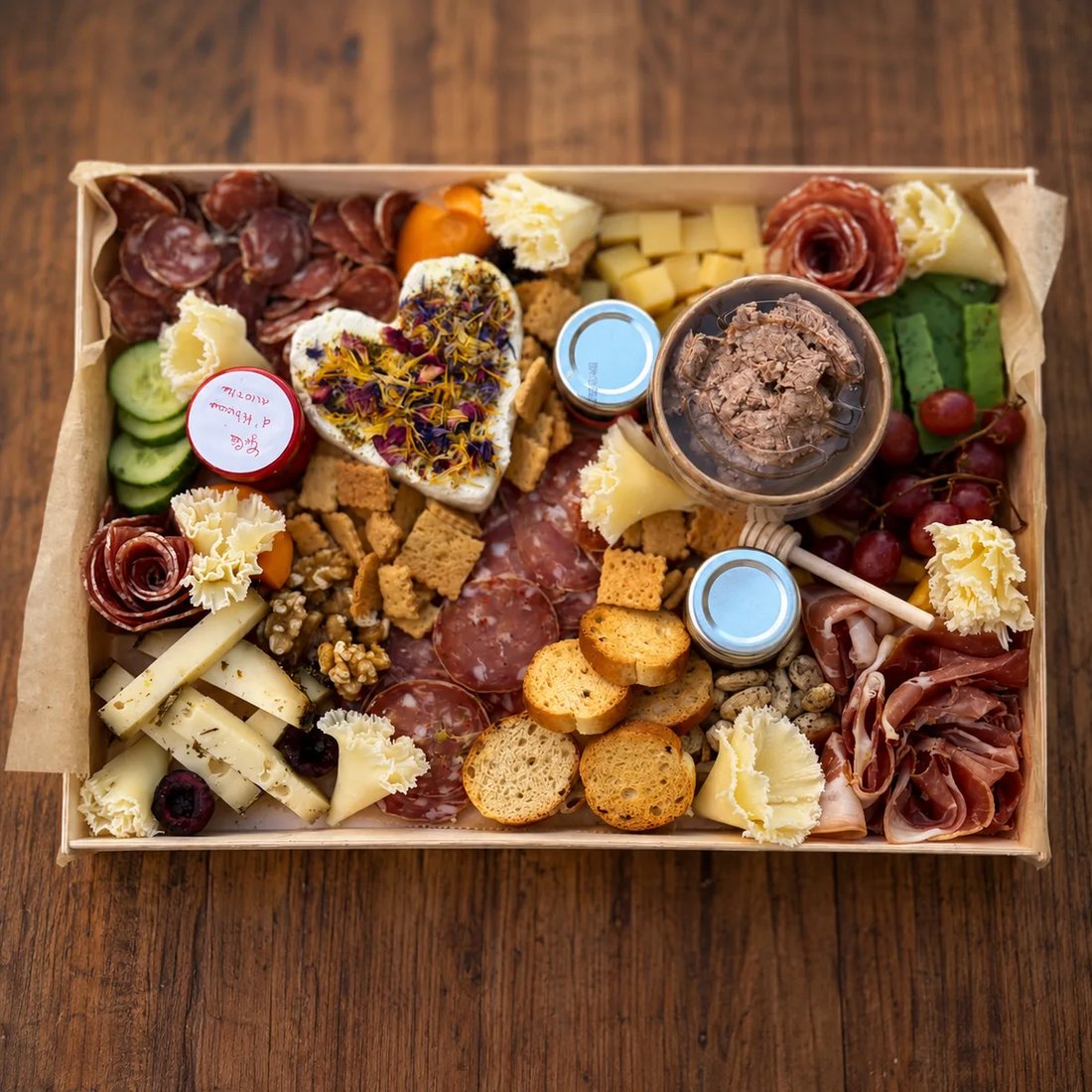 La Mixte Signature — planche apéritive charcuterie et fromage à emporter (format 4 personnes) : jambon sec vieilli, rosette pur porc, comté AOP, fourme d'Ambert AOP